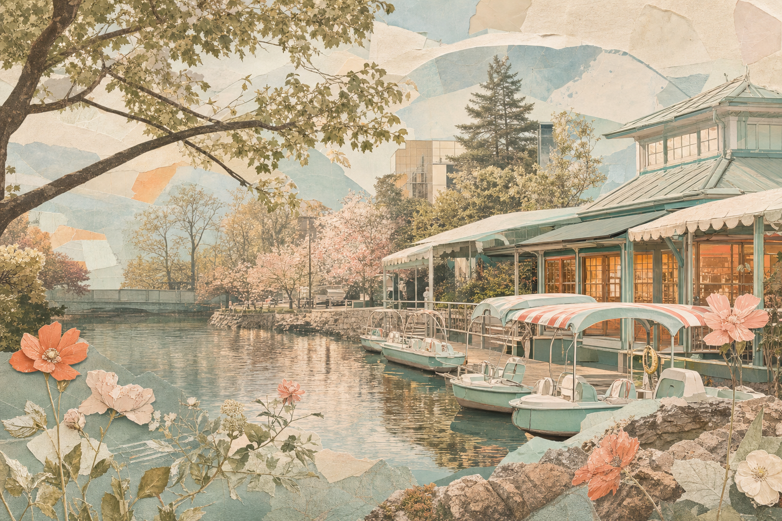 拼贴街景 · 公园湖边脚踏船码头