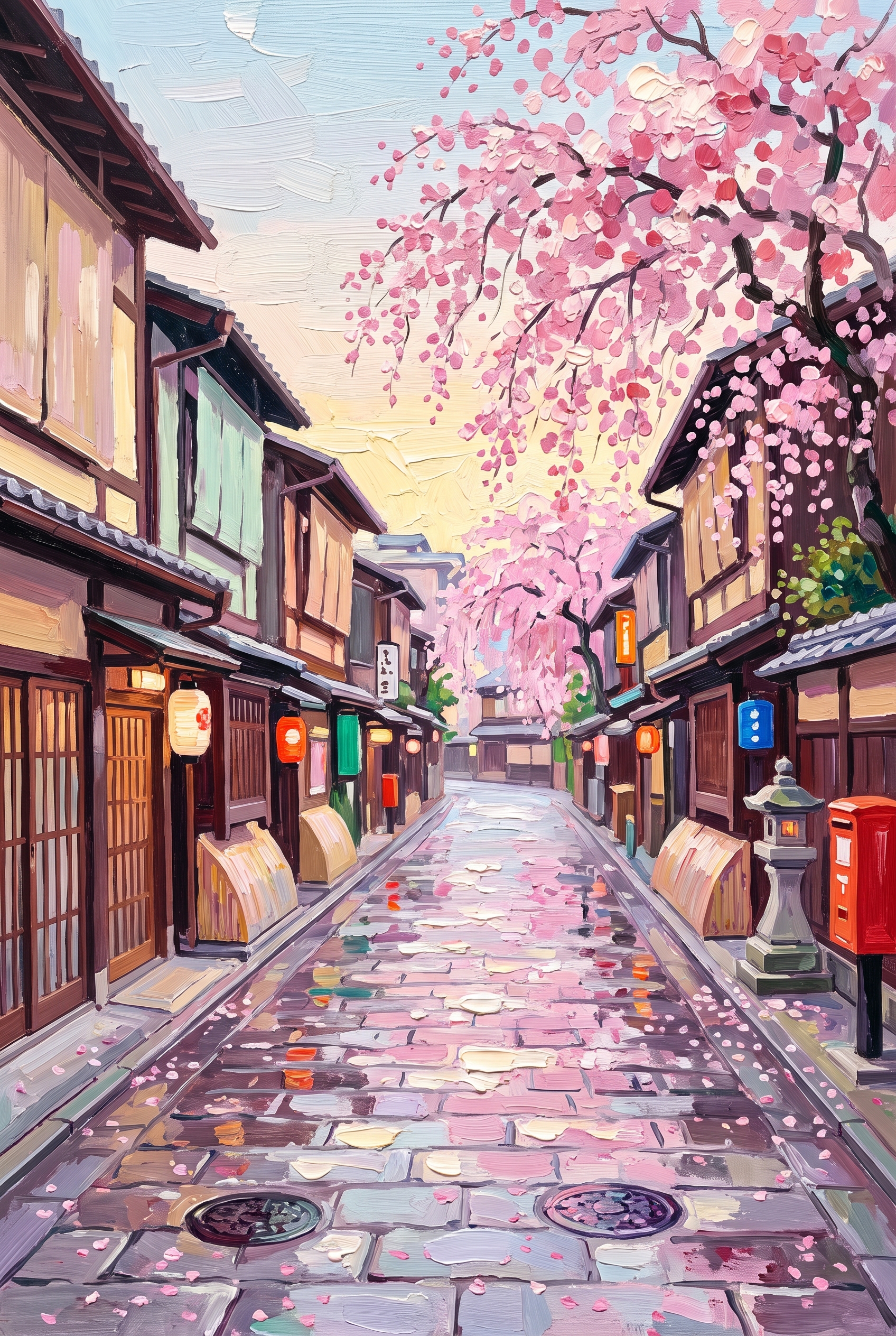 粉彩厚涂 · 京都祇园石板路町屋与垂樱